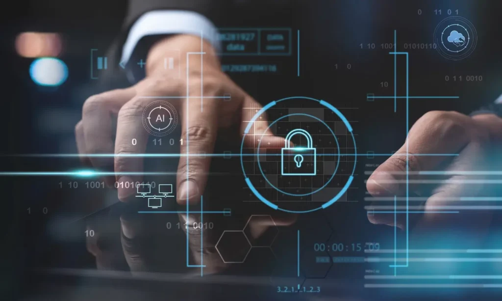 secure digital lock overlayed ontop of person using a tablet